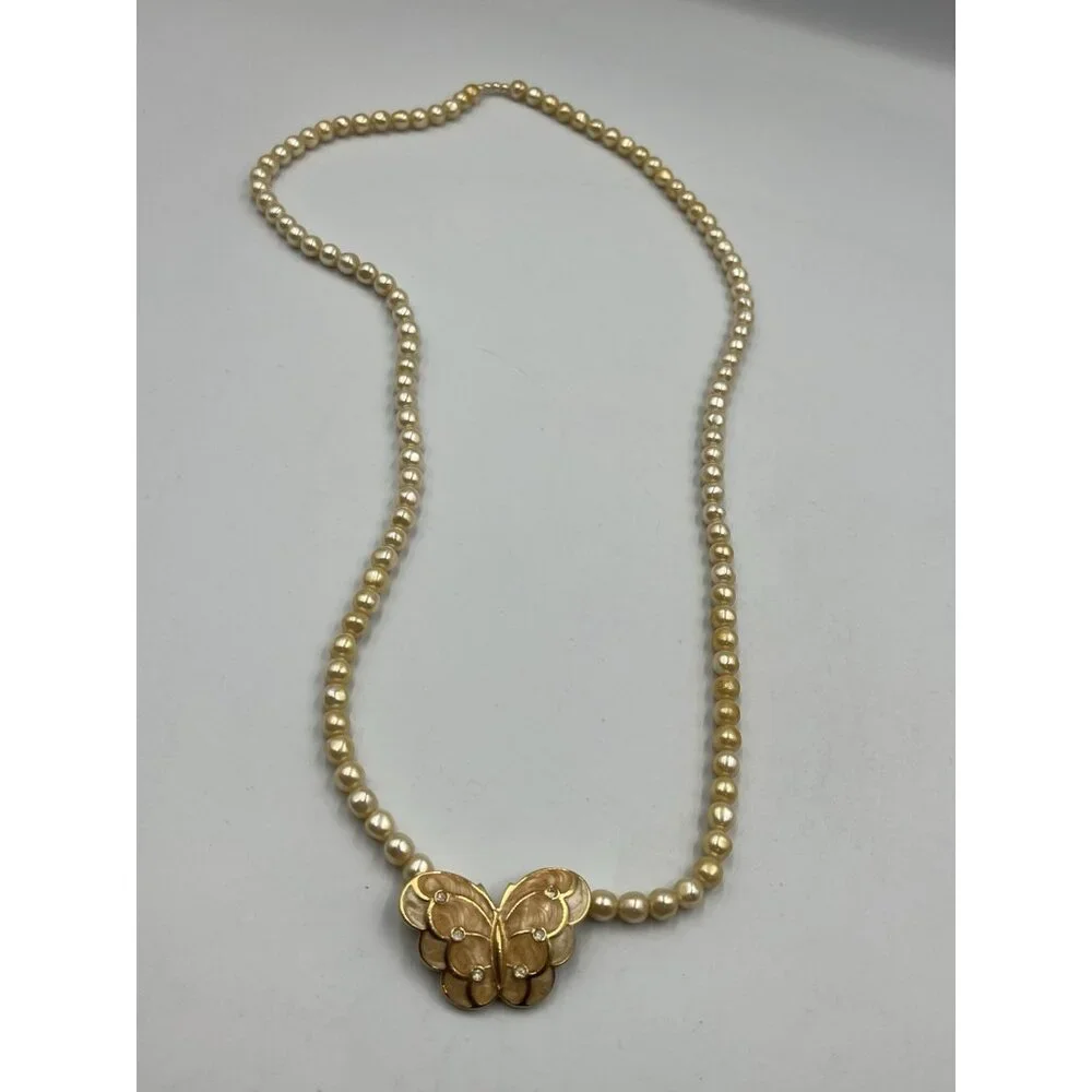 VINTAGE Kenneth Jay Lane KJL for Avon Pearl Enamel Crystal Butterfly Necklace - Picture 3 of 16